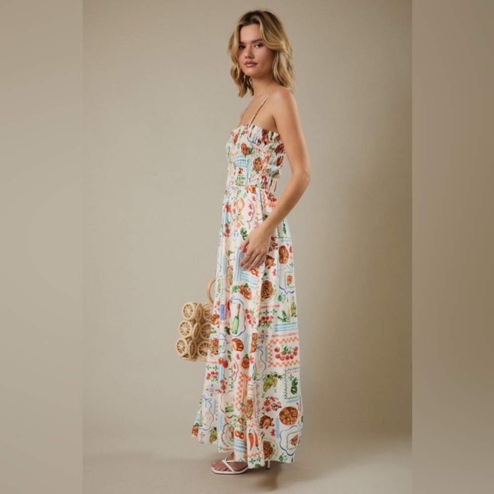 Italian Market Illustration Print Smocked Maxi Dress - Sunday Edition - Picture 2 of 6